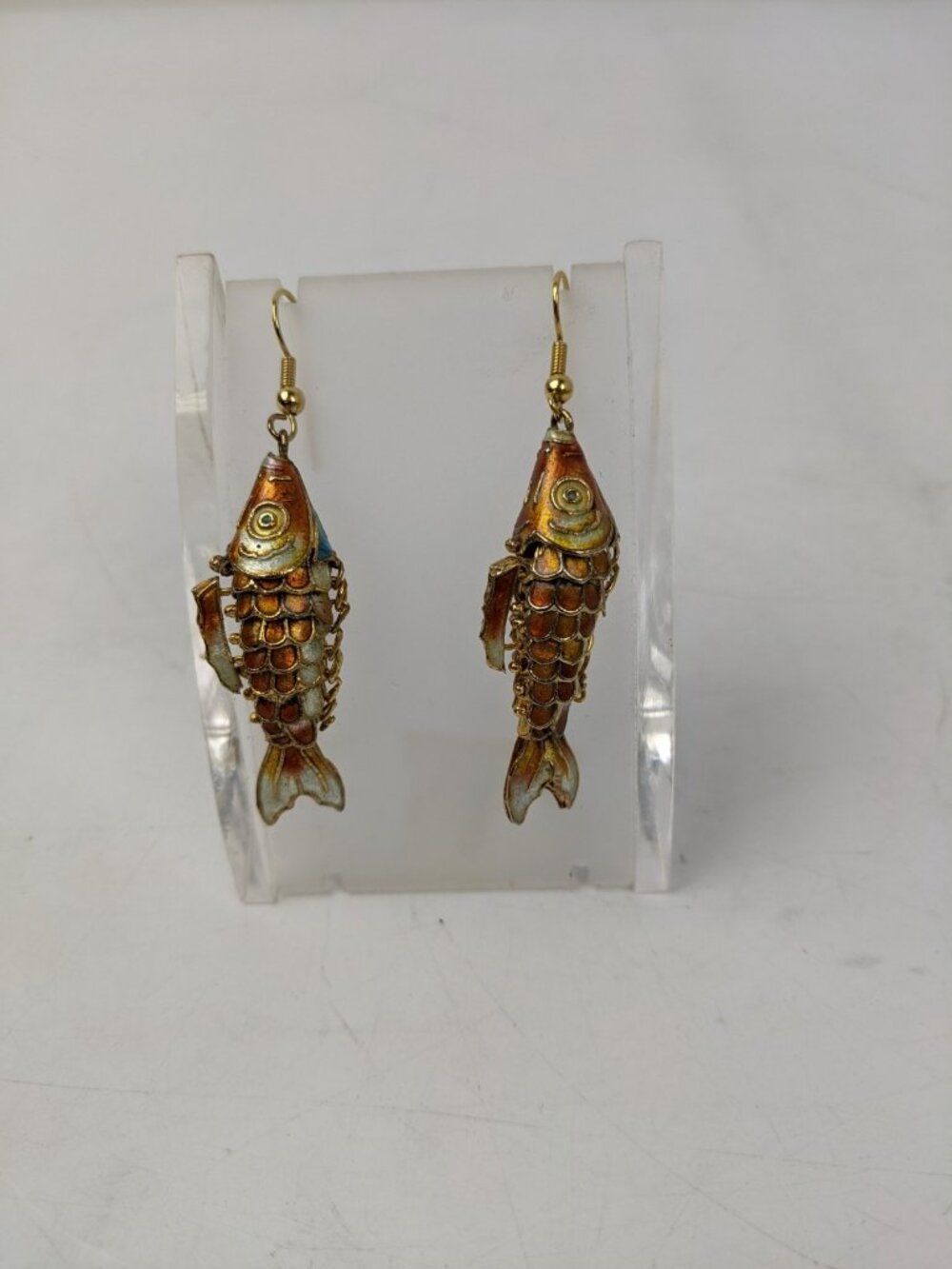 Vintage Mid 20th Century Articulated Enamel Cloissone Hinged Fish Earrings